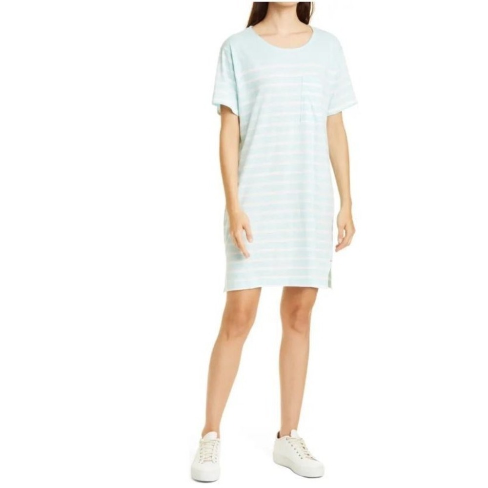 La Ligne New Edie Short Sleeve Cotton Striped Shirt Dress Pale Blue Ivory Large